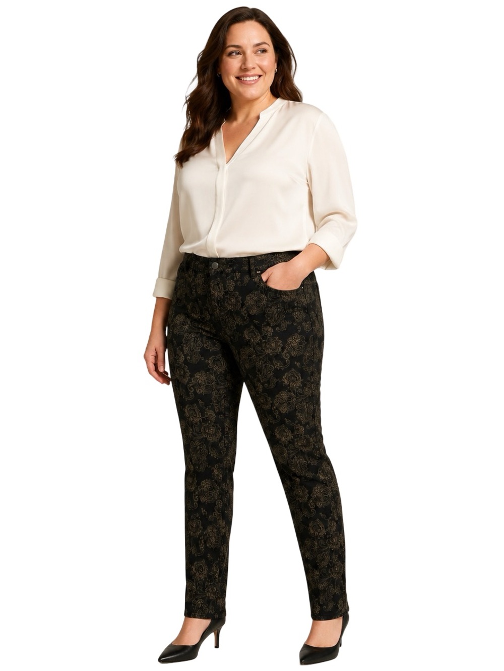 Lauren Ralph Lauren Black Gold Paisley Velvet Slim Straight Pants Size 12